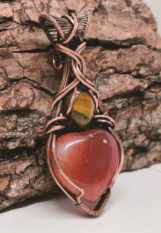 Carnelian Heart and |Tigers Eye Copper Pendant