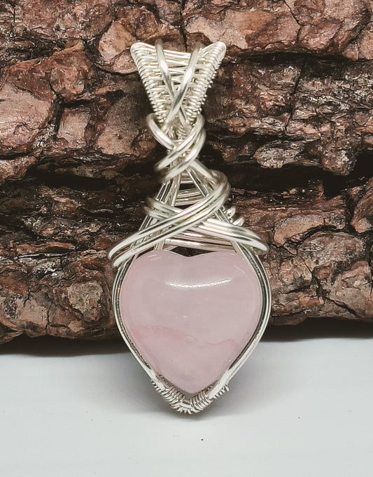 Rose Quartz Heart Silver Copper Pendant