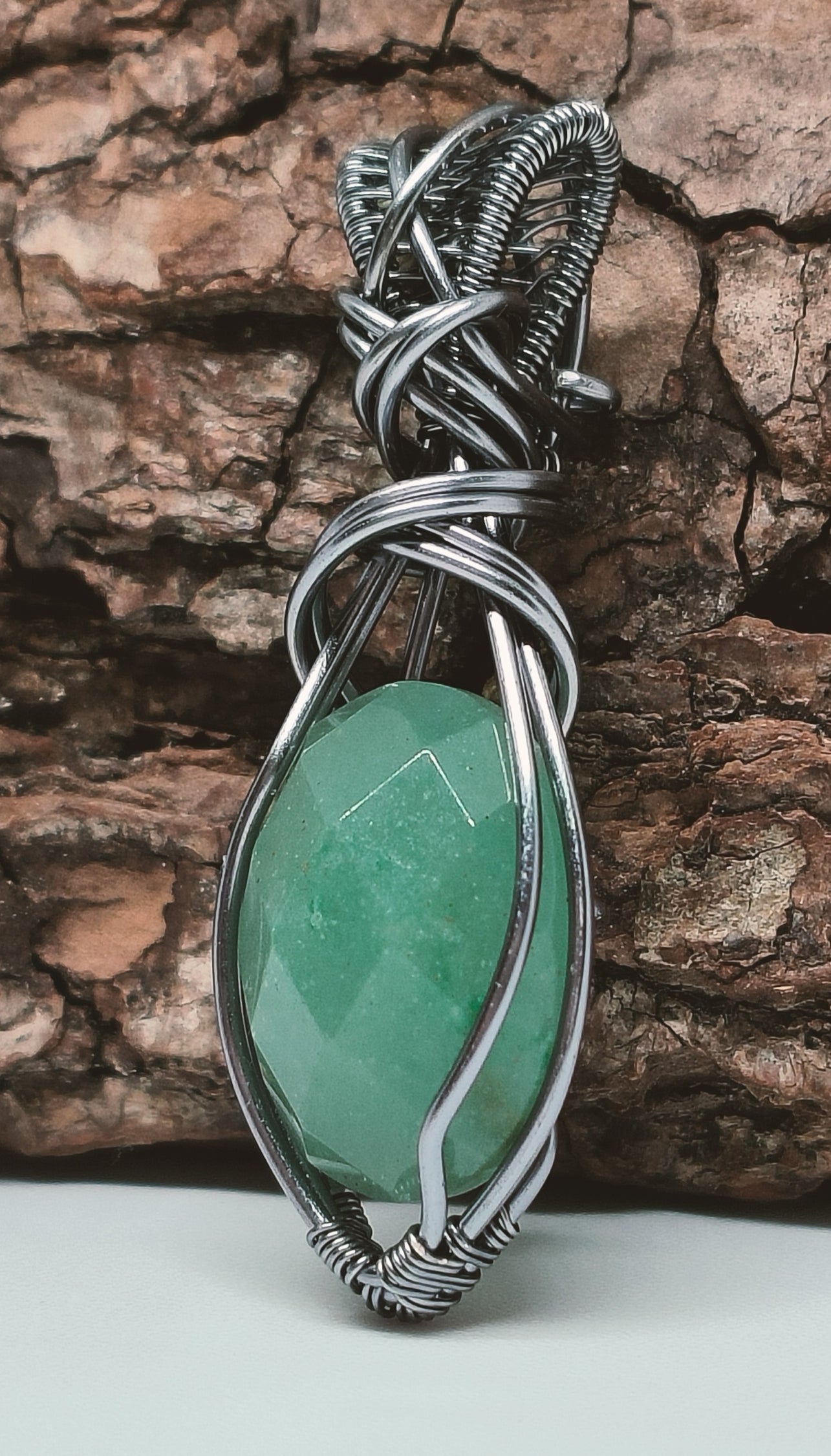 Faceted Green Aventurine Smoked Copper Pendant