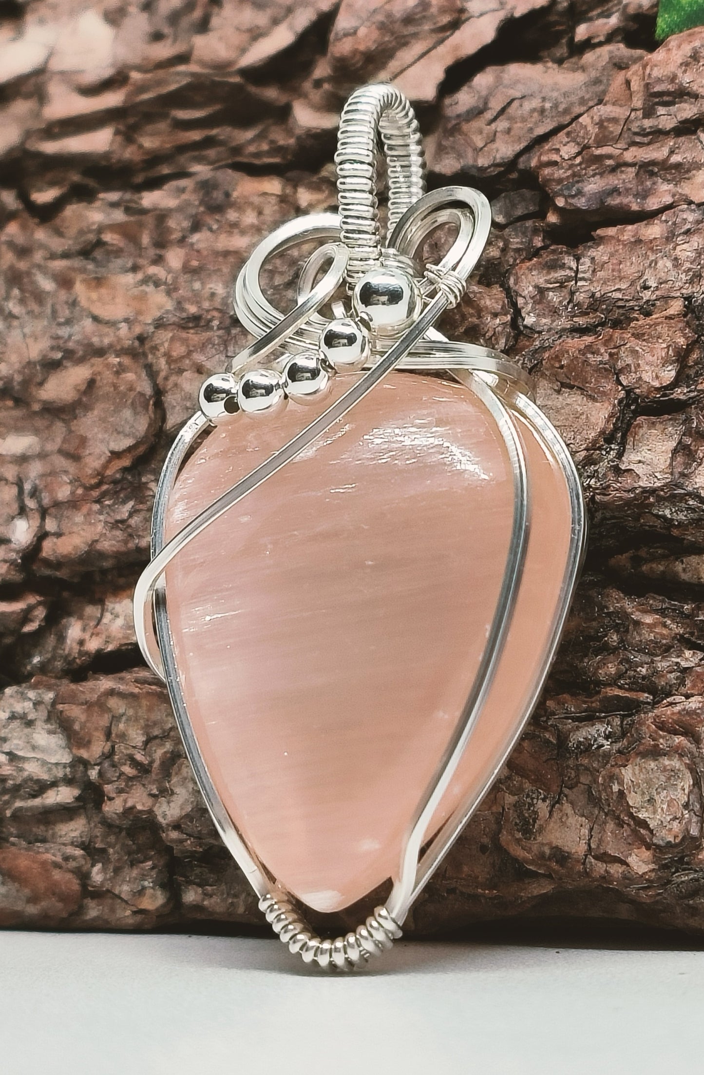 Peach Selenite Argentium and Sterling SilverPendant