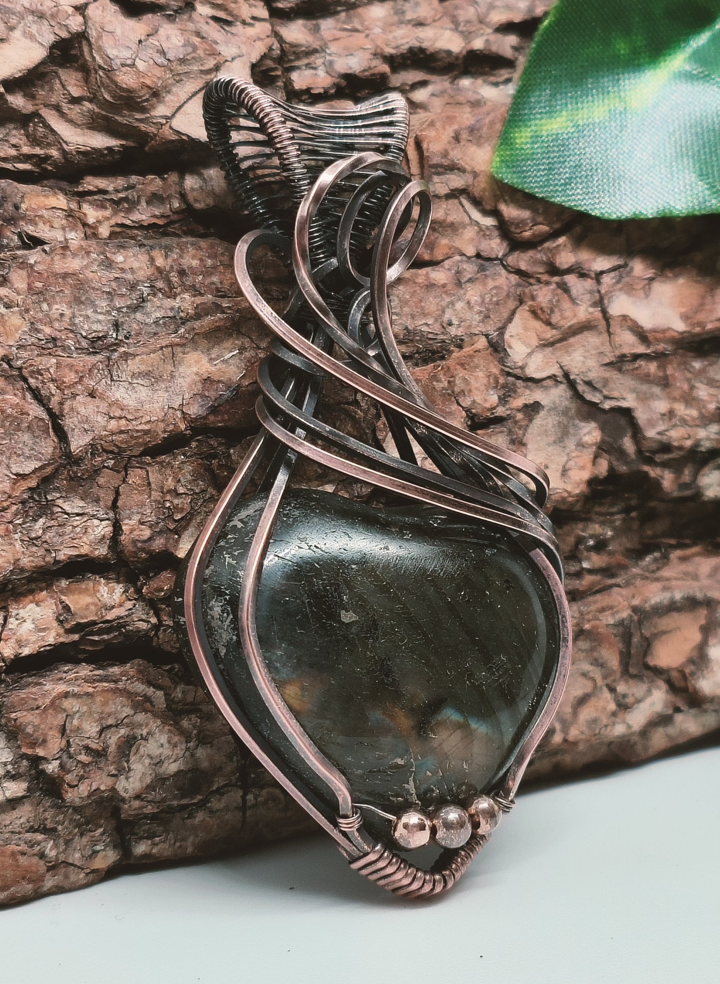 Black Labradorite Copper Heart Pendant