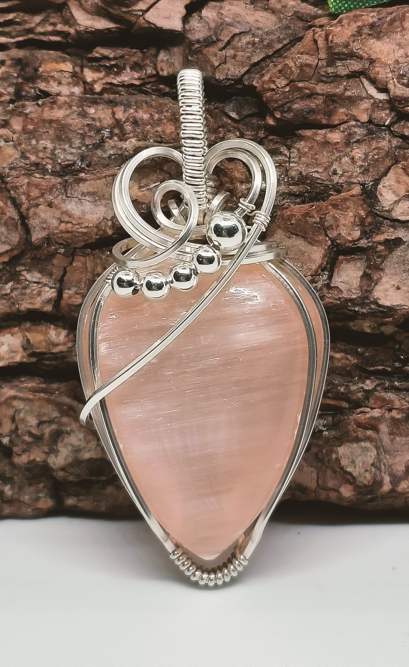 Peach Selenite Argentium and Sterling SilverPendant