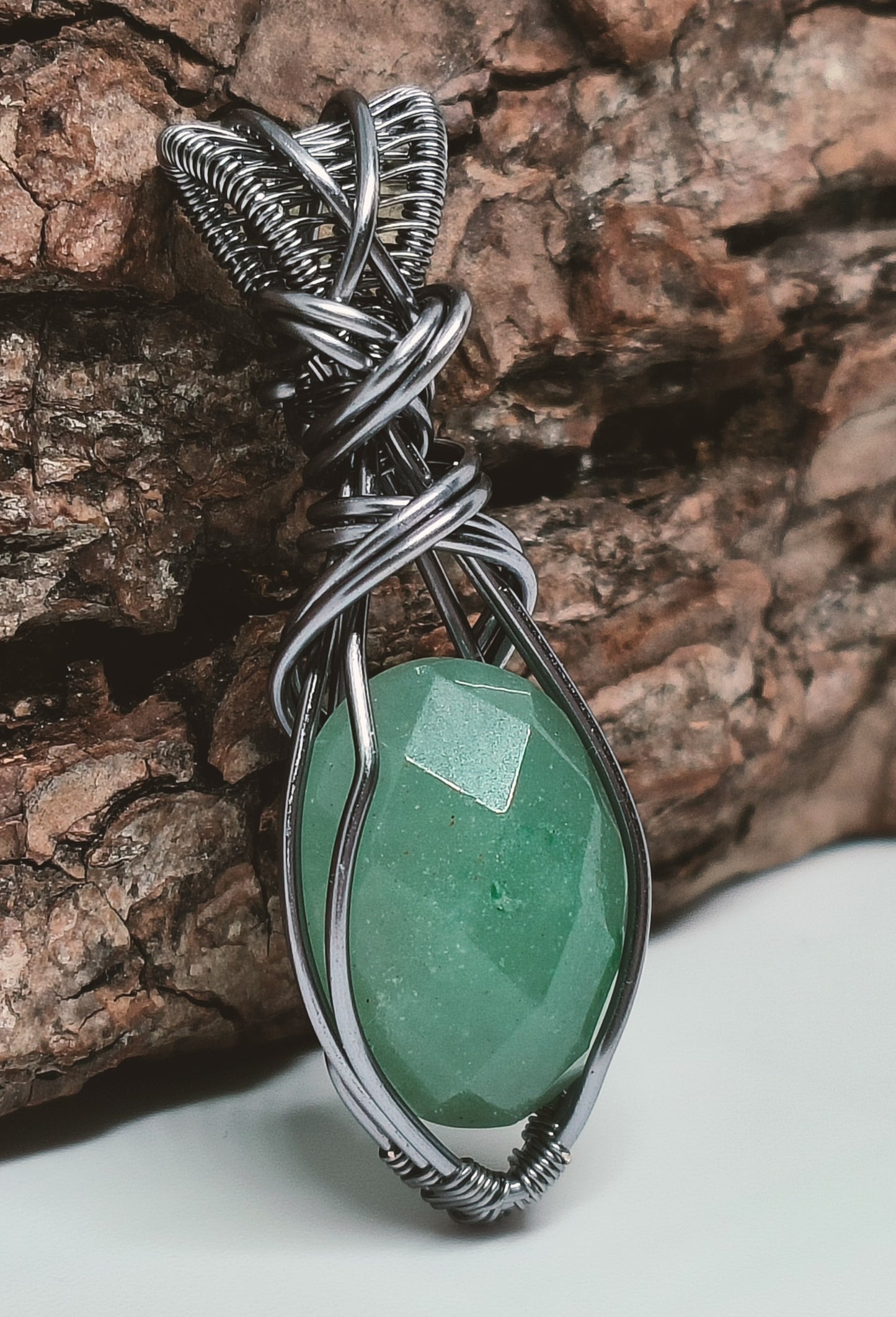 Faceted Green Aventurine Smoked Copper Pendant