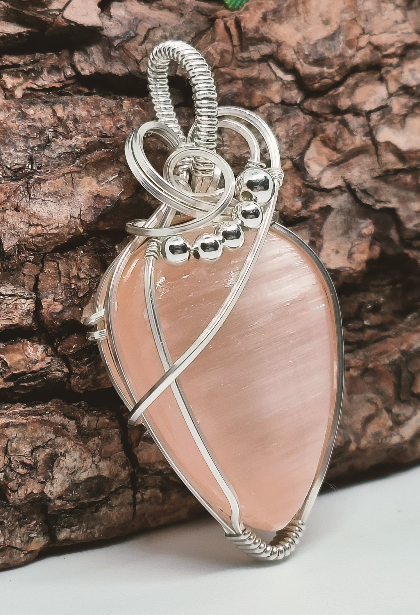 Peach Selenite Argentium and Sterling SilverPendant