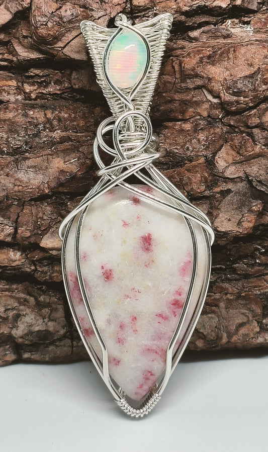 Cinnabar and Welo Opal Sterling Silver Pendant